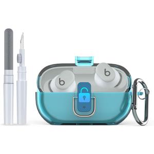 [Upgrade Secure Lock] for Beats Solo Buds 2024 Case Cover with Cleaner Kit, AGENTNANO Clear TPU Shockproof Protective Cover Compatible with Beats Solo Buds Charging Case with Carabiner-Clear Blue