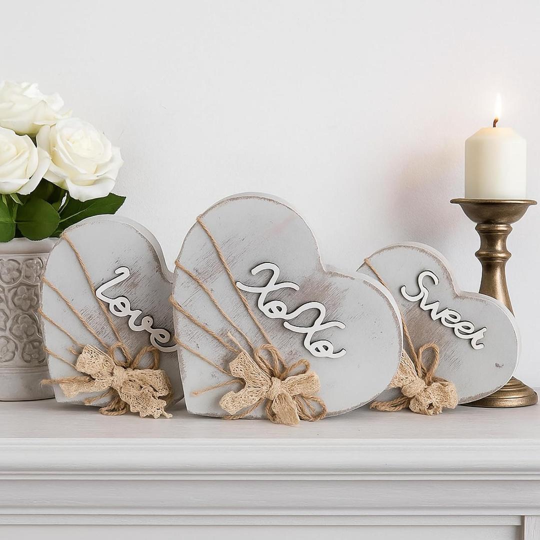 Yookeer 3 Pcs Valentines Heart Decorations Rustic Wood Table Signs Boho Jute Rope Bow Love Sweet Wood Tiered Tray Decor Farmhouse Wooden Block Set for Valentines Day Party Home Table Decorations