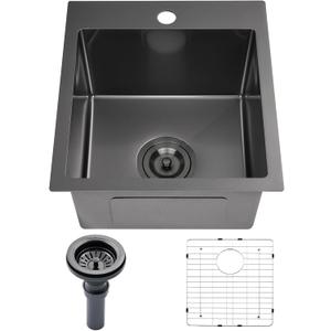 15x17 Inch Black Bar Sink Drop In Kitchen Sink, Topmount Stainless Steel Square Small Sinks, Single Bowl Kitchen Sinks for Laundry Wet Bar Prep RV Office Outdoor Yard with Grid & Drain