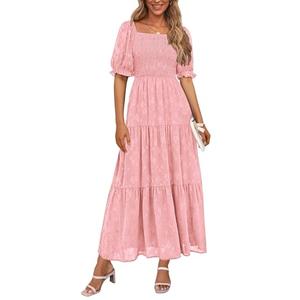 PRETTYGARDEN Women's 2026 Summer Casual Midi Dresses Square Neck Short Sleeve Smocked A Line Floral Flowy Elegant Boho Dress (Pink,Medium)