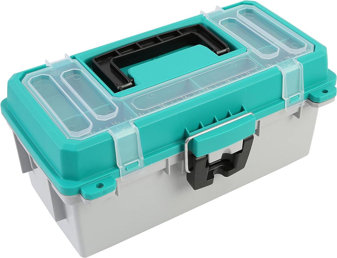 Sheffield 12671 13" Tackle Box, Fishing Gear Organizer for Fly Fishing, Flip-Up Lid, Lift-Out Tray, Stackable Storage, Made In USA (Teal/Grey)