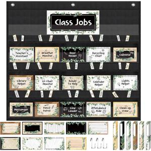 Fulmoon 86 Pcs Class Jobs Pocket Chart Set Teacher's Helper Boho Classroom Management Educational Pocket Chart Boho Rainbow Classroom Bulletin Board Decor for Back to School Supplies (Greenery Style)