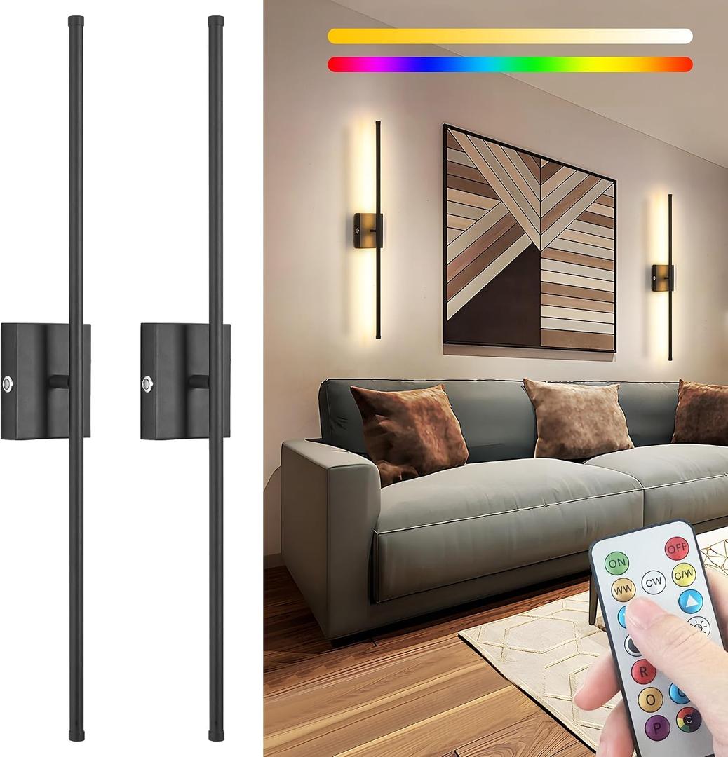 31.5 inch Battery Operated Wall Sconce Set Of 2, 10000mAh Rechargeable Wall Light With Remote Control, RGB Dimmable Wireless Sconces Wall Decor For Bedroom Living room Hallway, 360Rotate, Black