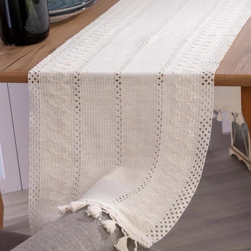 Cream Table Runner Macrame Style 100% Cotton Turkish Runner for Dining Table, 60 Inches Long Handmade Rustic Cream Runner for Round Table, Modern Farmhouse Dresser Runners for Bedroom