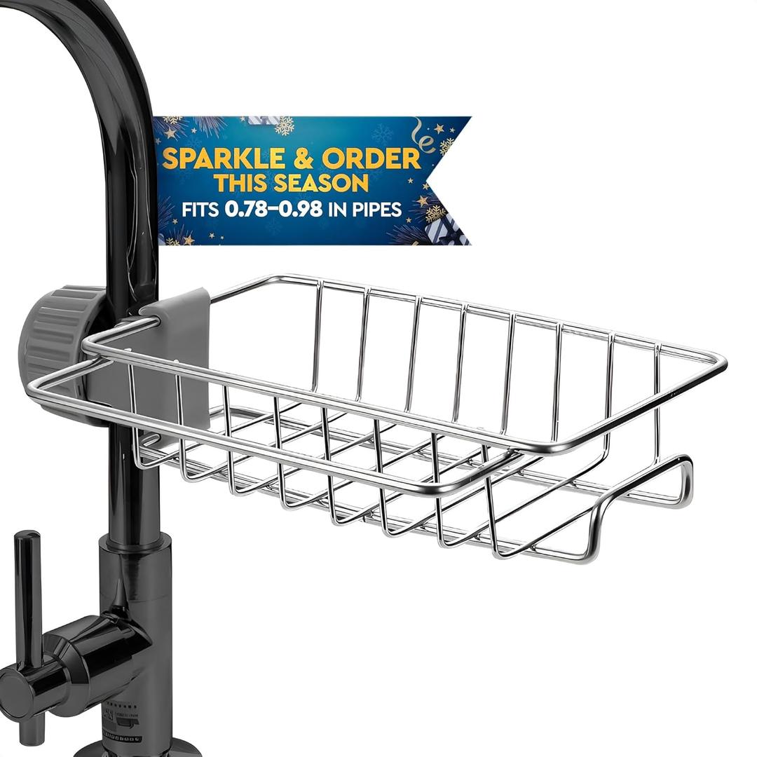 Kitchen Sink Faucet Organizer - Stainless Steel Kitchen Sink Sponge Holder Around Faucet, Rust-Resistant, 360° Rotating Design, Compact 6.77" x 5.32" x 1.73" - Fits Only 0.59 - 1.18 in Diameter Pipes