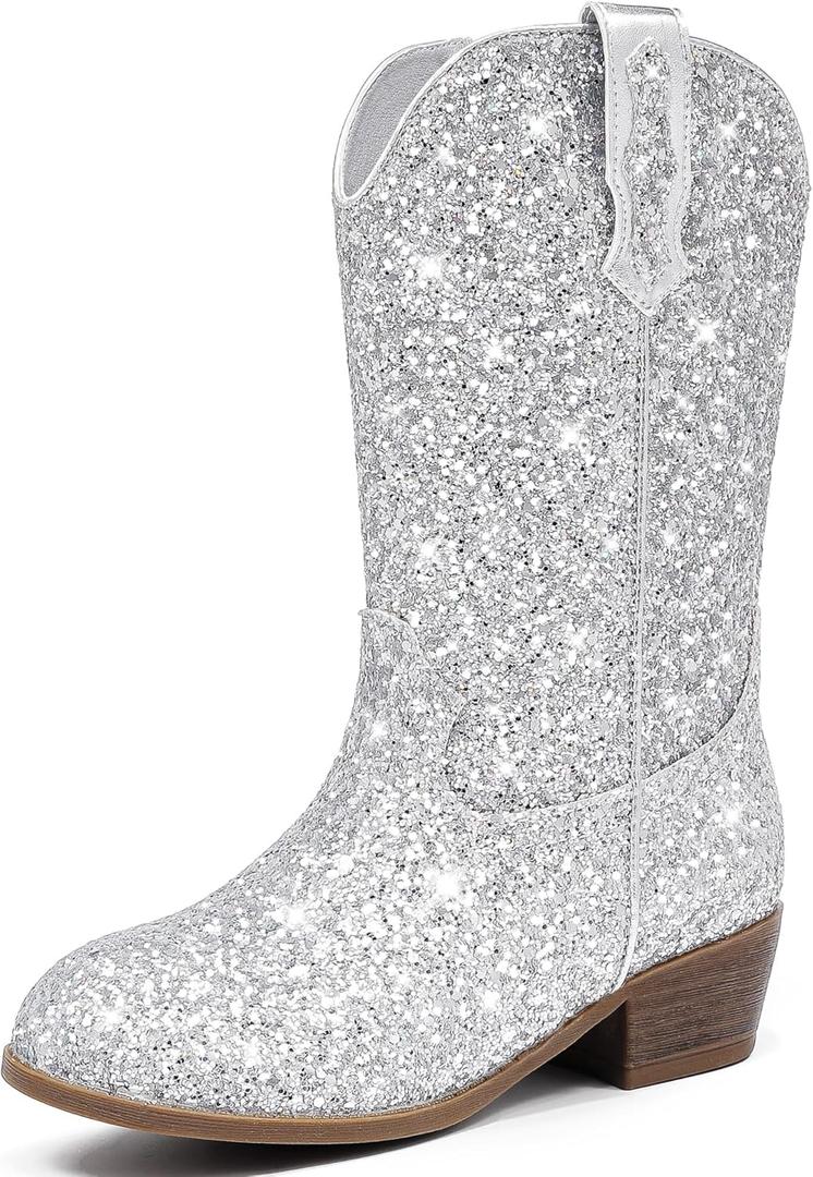 Glitter Girls Cowgirl Boots Sparkly Cowboy Dress Boots For Toddler To Big Kid Mid Calf Pointed Toe Party Birthday Horse Riding (Silver Sequins)