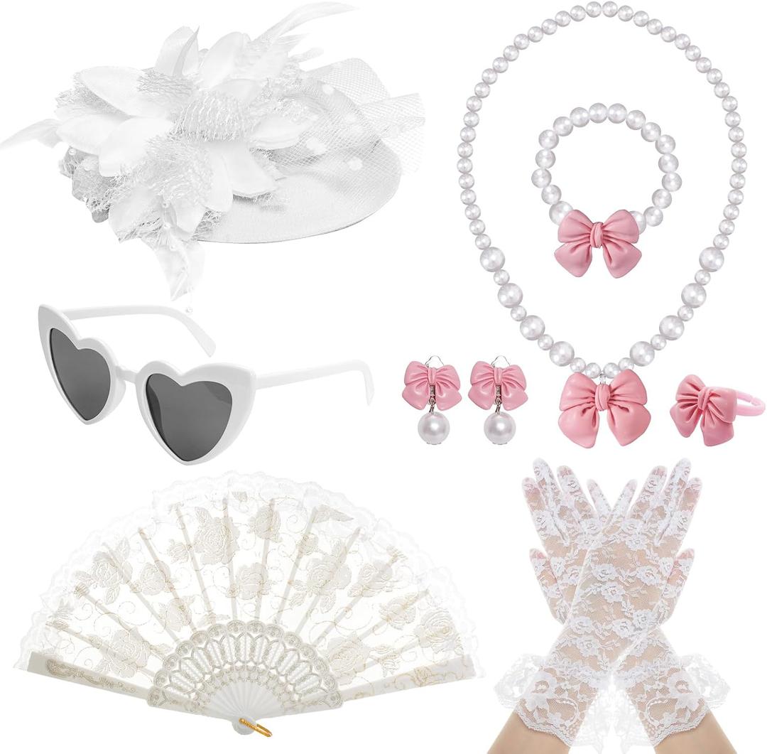 Fumwase 8Pcs White Tea Party Accessories Set Tea Party Gloves Hats Necklace Fan Bracelet Earrings Sunglass Ring for 20s 50s Spring Party Decoration Accessories Halloween