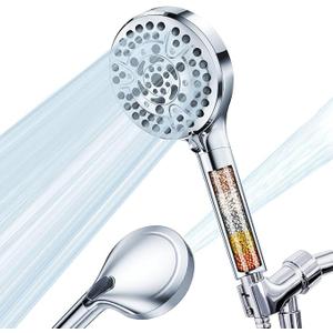 Handheld Shower Head with Filter, High Pressure 10 Spray Modes and Power Wash Mode for Cleaning, 3 Replaceable Filter Reduce Chlorine Soften Hard Water, Shower Head with Hose,Holder (Gold) (Chrome)