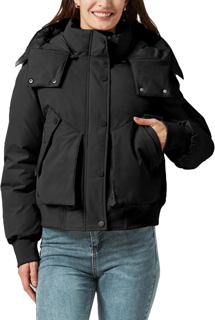 PUREPEAR Women's Thickened Jackets Winter Warm Parka Puffer Jacket Multi-pocket with Removable Hood Black XL