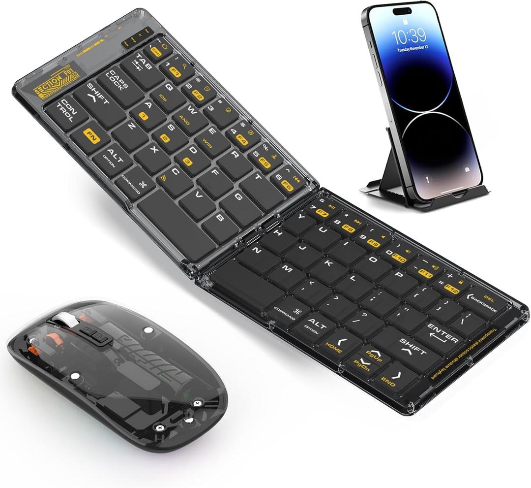 Foldable & Folding Wireless Keyboard Set Combo for iPad, Transparent Bluetooth Typepad & Mouse, Compatible with iOS, Windows, Android, Smartphones, Laptops, etc.