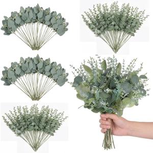 Tigeen 200 Pcs 2 Kinds Mixed Bulk Artificial Silver Dollar Eucalyptus Leaves Stems Greenery Fake Plant Branches for Wedding Bridal Bouquets DIY Home Decor (Green)