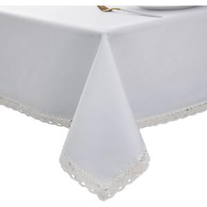 EHouseHome Faux Linen Tablecloth with Lace Trim - Waterproof/Spill Proof/Stain Resistant/Wrinkle Free/Oil Proof - for Banquet, Parties, Dinner, Wedding, Holiday, White, Rectangle, 60x120Inch