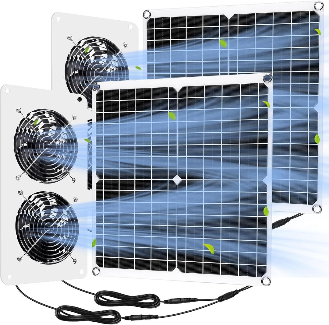 Rossesay 2 Sets Solar Panel Fan Kit 25W 12V Solar Fans for Outside Greenhouse USB Portable Waterproof Dual Fan with Metal Shell for Inside Chicken Coop, Shed, Pet House