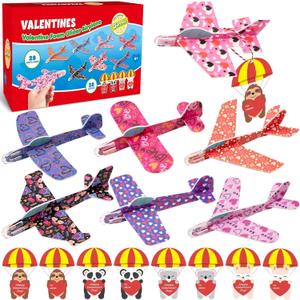 28 Pack Valentines Day Gifts for Kids, Foam Airplanes Party Favor Set with Valentines Greeting Cards for Kids, Valentine's Day School Prize Party Favor, Classroom Exchange Gift Set