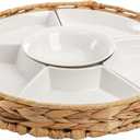 AVLA Ceramic Divided Serving Dishes, Porcelain Relish Tray, Party Appetizer Platter, 6 Removable Snack Bowls with Cattail Basket for Chips and Dips, Candy, Nut, Condiment, Veggie, Portable Handle