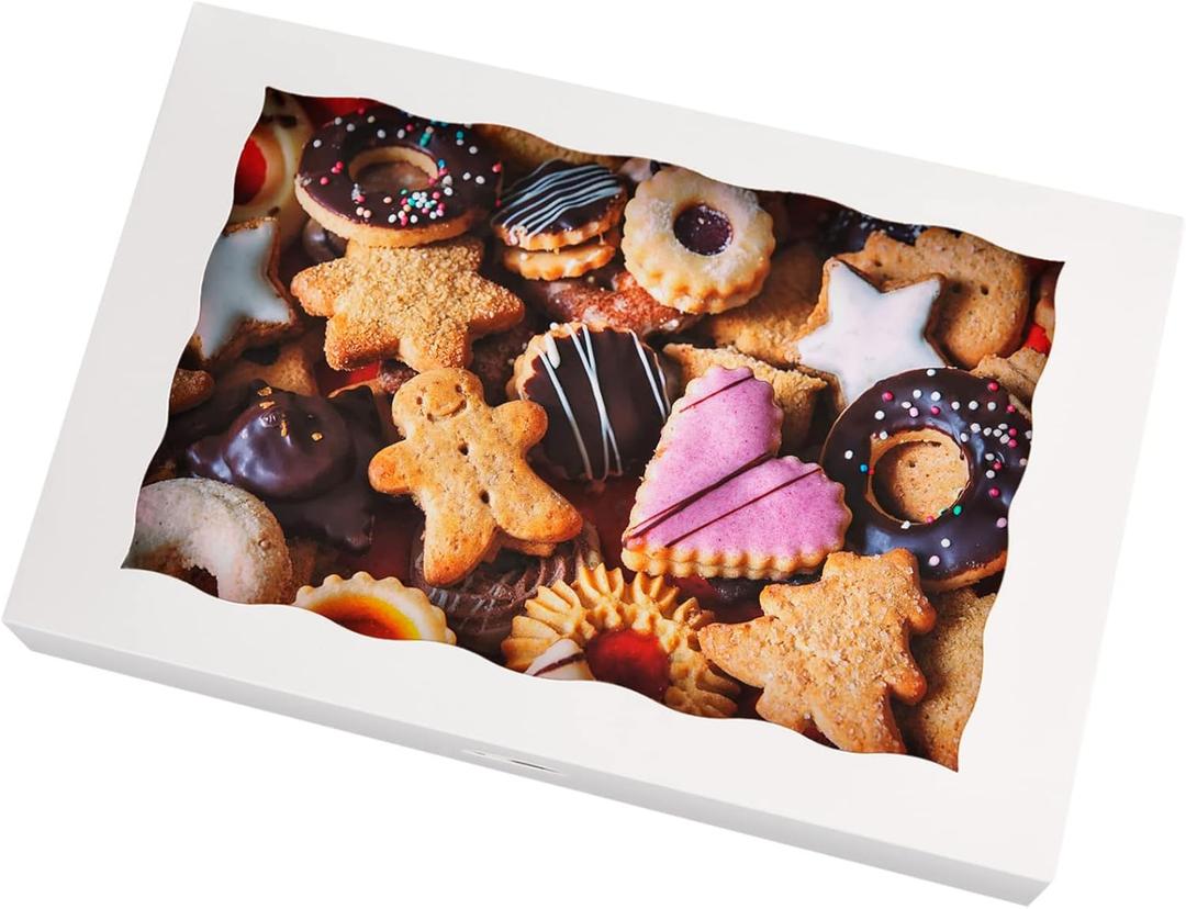 25-Pack White Pastry Bakery Box 14x10x3inch,Large Donuts,Muffins,Cookies Boxes with PVC Window - Auto-Pop up Paper Box Nature Cardboard Take Out Container,Pack of 25