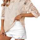 EVALESS Womens Crochet Hollow Out Knit Tops Half Sleeve Spring Summer Sweaters Beach Cover Ups for Women Trendy 2025 (Large, Apricot)