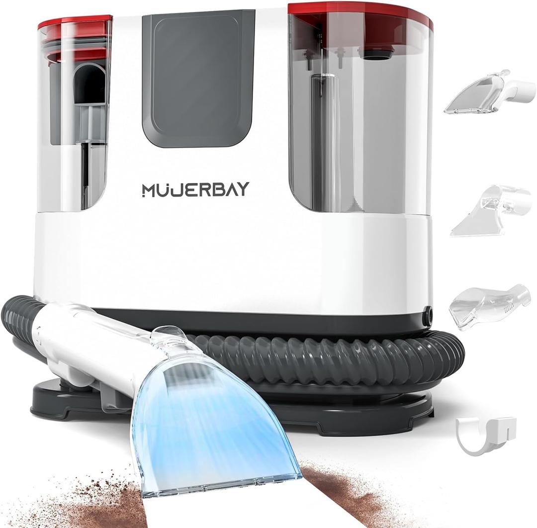 Upholstery Carpet Cleaner, MUJERBAY 12Kpa Portable Spot and Stain Cleaner, Easy Move with Universal Wheels & Handle, 1.18-inch Deep Cleaning Machine for Couch, Stairs, Car and Pet Messes.Red
