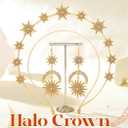 Sixexey Halo Crown Set Golden Goddess Halo Tiara Mary Headpiece Bridal Wedding Headband Earrings Celestial Cosplay Costume Accessories for Women