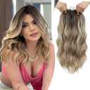 PANEWAY Hair Topper 16 Inch Synthetic Wavy Clip in Hair Piece for Women, Balayage Dark Brown Root to Blonde Ombre with Highlights, Natural Wiglet for Volume & Coverage