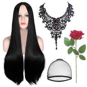 Long Black Wigs For Women, 28" Long Black Witch Wig for Morticia Costume, Middle Part Straight Cosplay Wigs, Rose and Gothic Necklace Set for Halloween Witch Costume