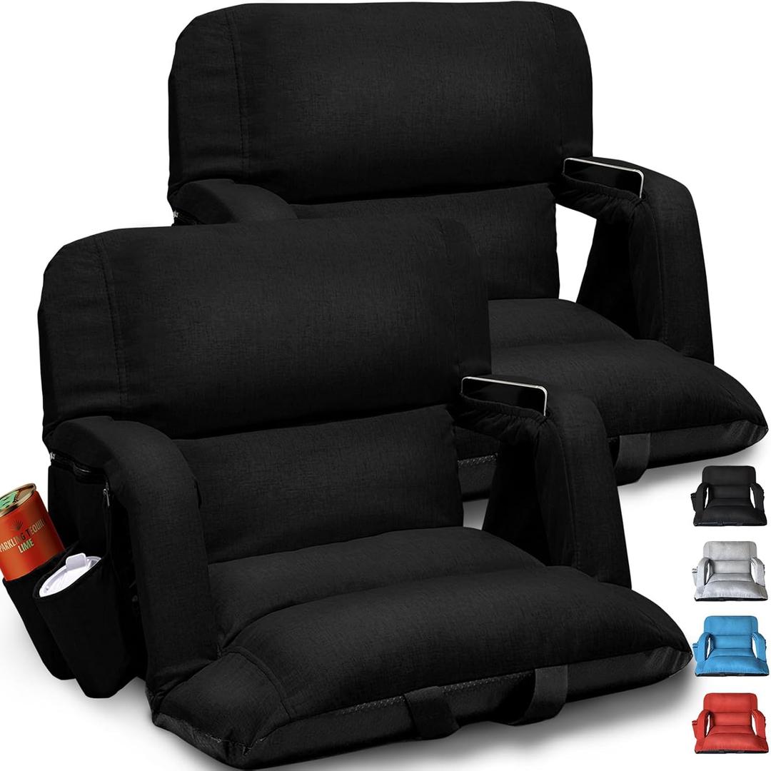 Extra Wide Stadium Seats With Back Support 2 Pack, Exclusive "Sofa Style" Design Thick Bleacher Chairs With Back and Cushion, 6 Reclining Positions - Ultimate Comfort for Sports Events (Black, 25"), Extra Wide - Width 25 Inches