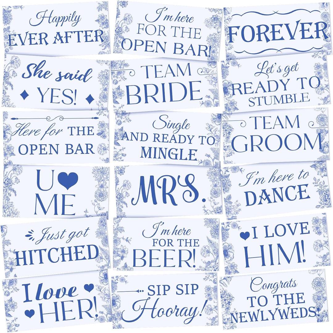 24 Designs Blue Flower Wedding Photo Booth Props Double Sided 11.02 * 5.51' Photo Props Wedding Marriage Parties Decorations Set DIY Water Proof Selfie Signs PVC Printing for Bridal Party