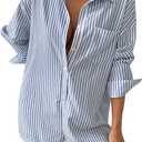 Floerns Women's Solid Button Down Long Sleeve Drop Shoulder Shirt Short Romper (Large, Light Blue)
