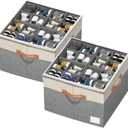 Aokeyee Shoe Organizer for Closet,2 Pack Foldable Shoe Storage Organizer Box Bin with Adjustable Dividers and Clear Cover, Fits up to 16-32 Pairs (Beige with Grey)