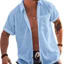 Bbalizko Mens Short Sleeve Button Up Shirts Linen Cotton Beach Tops Spread Collar Plain Summer T Shirt with Pocket (XX-Large, Blue)
