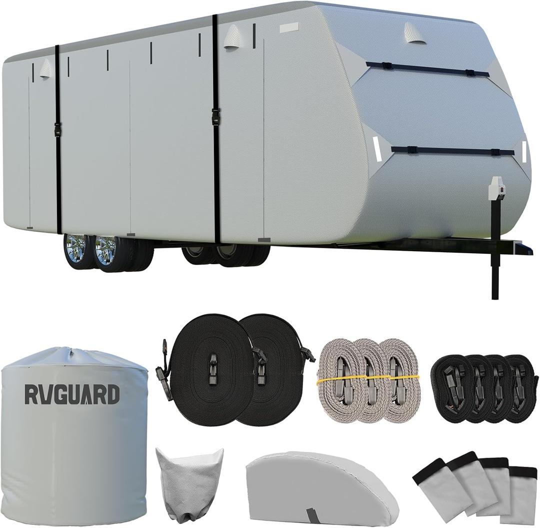 RVGUARD RV Cover, Travel Trailer Cover fits for 30' - 33' RV, 6 Layers Anti-UV Waterproof Camper Cover, with Tongue Jack Cover and Storage Bag, Grey