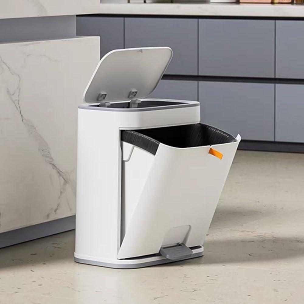 Double Open Lid Trash Can, TG3990, 12L  Bathroom Garbage Can, Narrow Plastic Trash Bin with Press top Lid and Pedal, Slim Gray Trash Can Waste Basket for Room, RV, Dorm