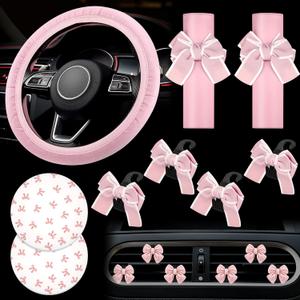 15 Pcs Pink Car Accessories Set for Women Bow Car Accessories Set Pink Leather Steering Wheel Cover Universal Fit 15 Inch Seat Belt Cover Bow Hook Pink Bow Car Coaster Bow Air Vent Clip