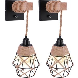 Hanging Lights with Plug in Cord Set of Two, Farmhouse Hanging Lamps Hand Woven Rattan Wall Sconce with Wood Arm Hemp Rope Cord, Boho Wall Sconce for Bedroom Living Room (Wiring Fixed Type)