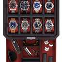ROTHWELL 8 Slot Leather Watch Box with Valet Drawer - Luxury Case Display Jewelry Organizer, Locking Display Case Holder, Real Glass Top - Watch Box Organizer for Men & Women (Black/Red)
