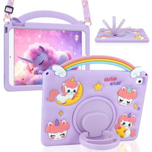 HianDier for iPad 9th 8th 7th Generation Case Kids Girls Cute Unicorn with Rainbow Handle Detachable Lanyard Rotatable Kickstand Shockproof Protective Cover for iPad 10.2 Case 2021 2020 2019-Purple