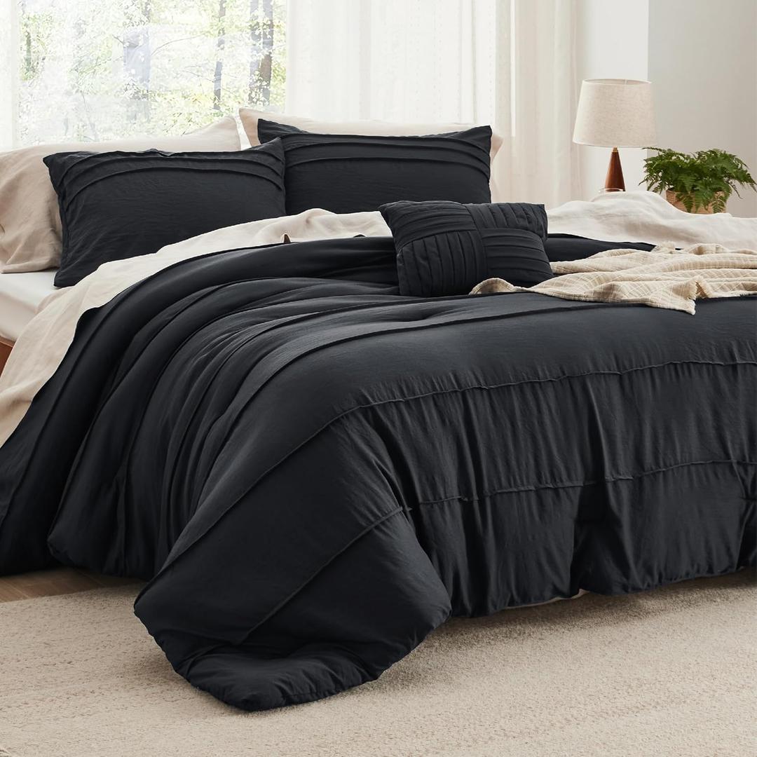 Bedsure Queen Comforter Set - 4 Pieces Pinch Pleat Bed Set, Black Boho Bedding for All Season, 1 Soft Comforter, 2 Pillowcases, 1 Decorative Pillow