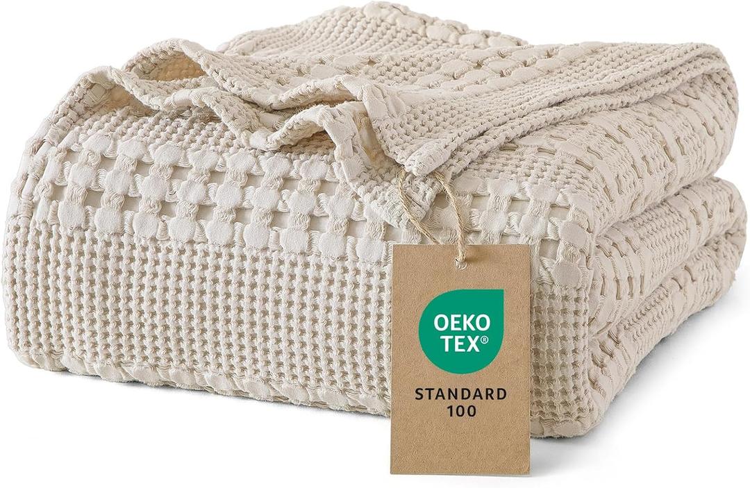 PHF 100% Cotton Waffle Weave Blanket Queen Size for Bed, Soft Lightweight & Breathable for Spring and Summer, All-Season Comfort, Luxury Aesthetic Blanket for Home Decor, 90"x90", Light Taupe/Oatmeal