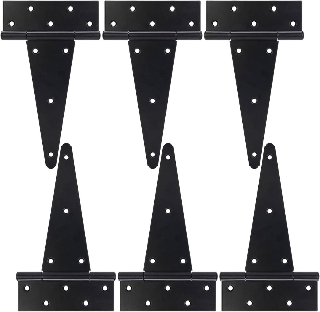 10 Inch T-Strap Gate Hinges, Heavy Duty Shed Door Hinges, Black Tee Hinges for Wooden Fences, Yard Gates, Rustproof Wrought Iron Hardware, 6 Pack