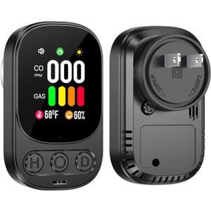 4in1 Plug in Carbon Monoxide Detector & Natural Gas Combination with 2.1'' HD Screen [CO Gas Temp Humidity] Propane Methane Combustible Gas Alarm (Black, 1 Pack)