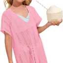 SOLY HUX Girl's V Neck Crochet Short Sleeve Beach Dress Summer Swimsuit Bikini Cover Up (Pink)
