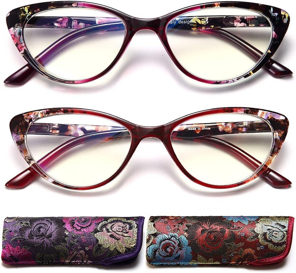 EYEURL Cat Eye Reading Glasses for Womens Set of 2 Blue Light Blocking Readers +1.75 Fashion Ladies Computer Eyeglass Spring Hinge (Red+purple)