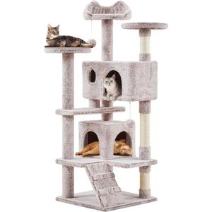 Yaheetech 54in Cat Tree, Cat Tower with Double Cat Condo, Sisal Scratching Posts, and Dangling Balls, Cat Furniture Kitten Play House (Brown/White)