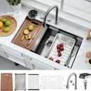 33 Inch Undermount Waterfall Kitchen Sink-Bokaiya 33x19 Stainless Steel Undermount Workstation Sink 16 Guage Multifunction Single Bowl Kitchen Sinks with Faucet, 33"D x 19"W x 10"H