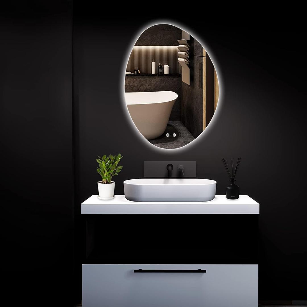 HOMECOOKIN LED Irregular Bathroom Mirror with Lights, 24 x 32 Inch Asymmetrical Backlit LED Vanity Mirror for Wall, Anti Fog Mirror for Bathroom, 3 Colors and Dimmable Light, Horizontal/Vertical