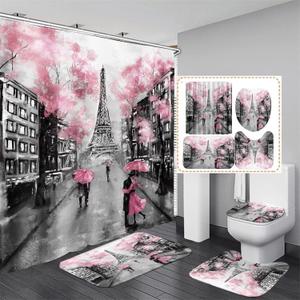 Chrainy 4Pcs Paris Eiffel Tower Pink Shower Curtain Sets Bathroom Set Decor with Non-Slip Rugs Bath U-Shaped Mat Toilet Lid Cover Waterproof Valentine Bathroom Curtains Shower Set with 12 Hooks