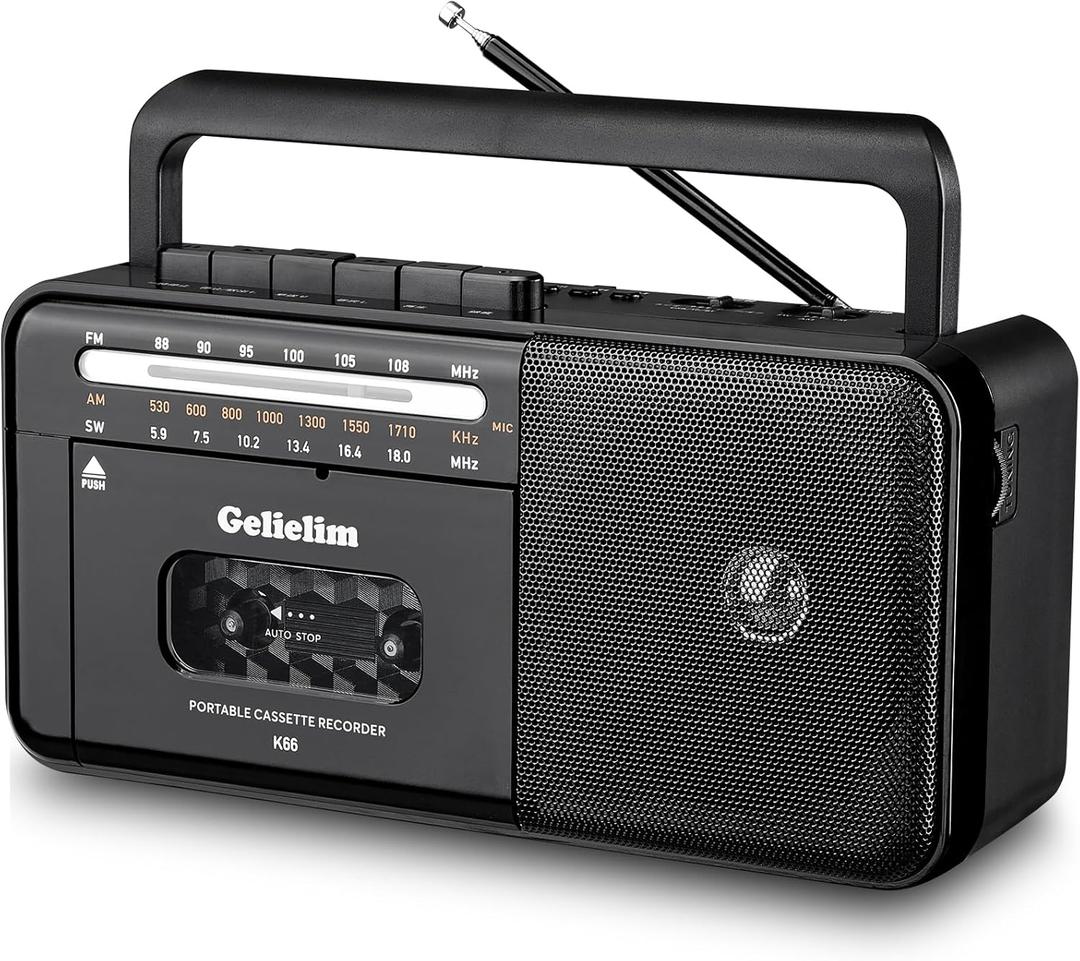 Gelielim Cassette Tape Player Bluetooth Boombox, Cassette Player AM/FM/SW Radio Stereo, Tape Player/Recorder with 8W Speaker and Earphone Jack, USB/TF Card Player, AC Powered or Battery Operated