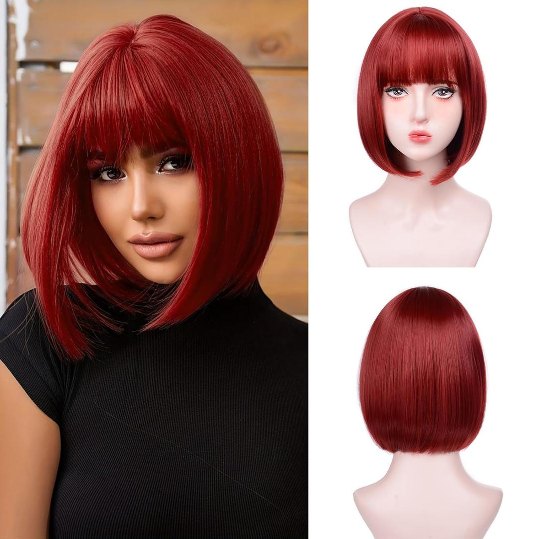 Red Bob Wigs for White Women - 12'' Short Bob Wigs With Bangs Natural Fashion Synthetic Wig Colorful Synthetic Hair for Daily Cosplay Halloween