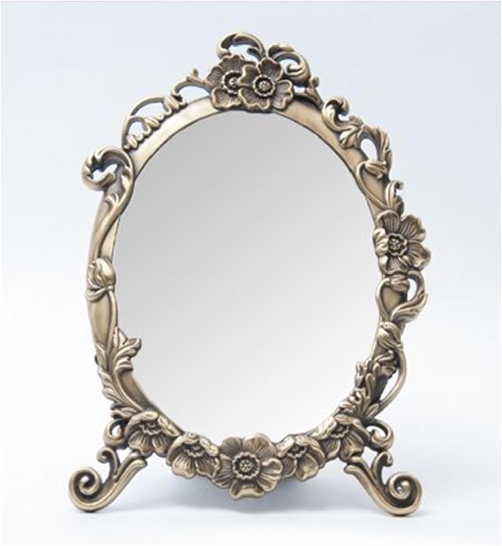 SEHAMANO Vintage Oval Tabletop Dressing Mirror with Stand  Retro Metal Vanity Makeup Mirror with Embossed Flowers for Home, Bedroom, Dresser, and Bathroom Dcor, Brass (Matt Gold)