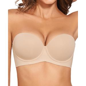 Upushall Strapless Push Up Bras for Women Thick Padded Balconette Seamless Convertible Bra for Small Chested Add a Cup (38D, Nude)